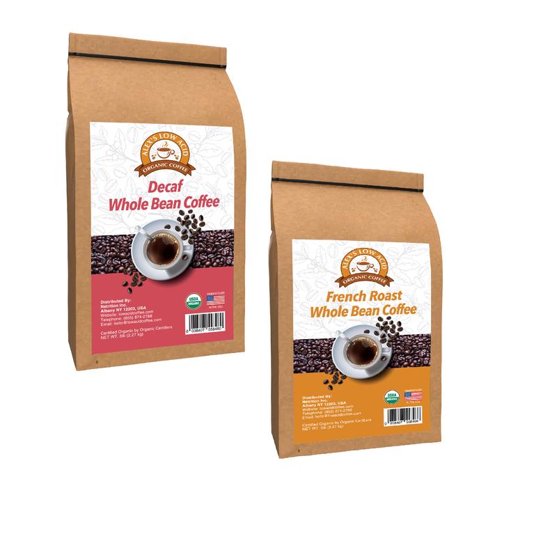 Alex\'s Low Acid Organic Coffee Perfectly Prepared Host 5lb Whole Bean Variety Pack