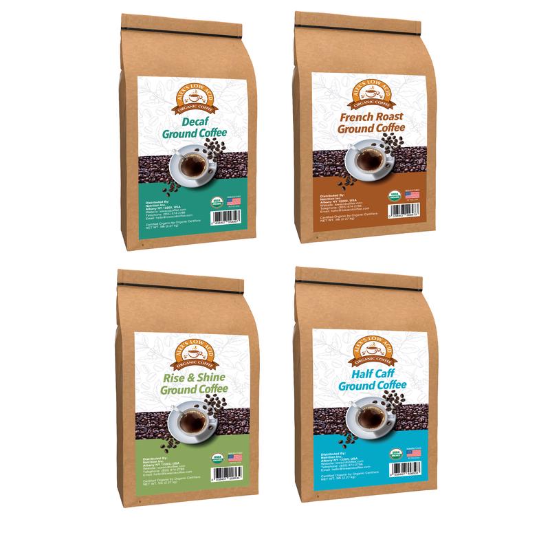 Alex\'s Low Acid Organic Coffee 5lb Bag Fresh Ground Variety Pack