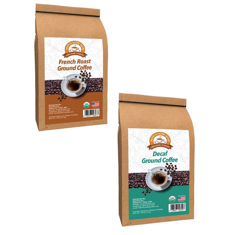 Alex\'s Low Acid Organic Coffee Perfectly Prepared Host 5lb Fresh Ground Variety Pack