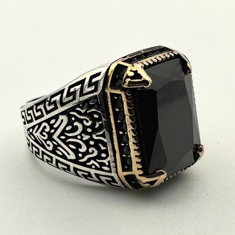Men\'s Handmade Onyx-Aqua-Emerald Stone Silver Ring