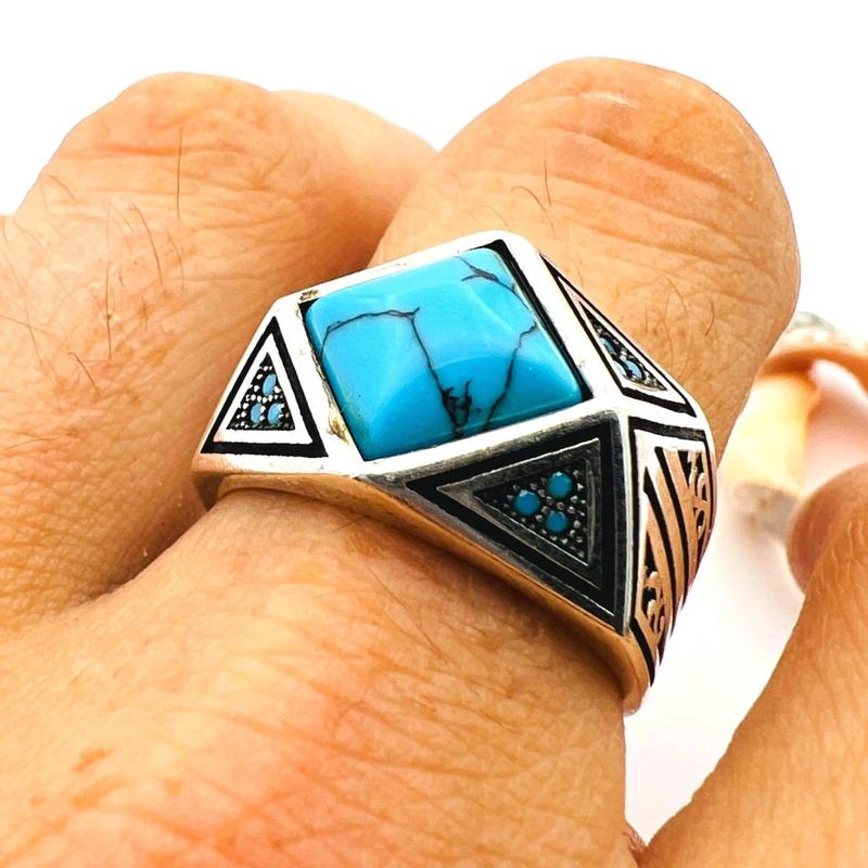 Men\’s Blue Turquoise Gemstone Handmade Silver Ring