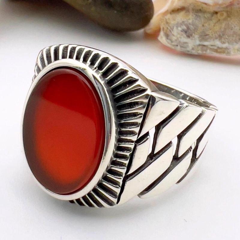 Men\'s Red Agate Stone Silver Ring