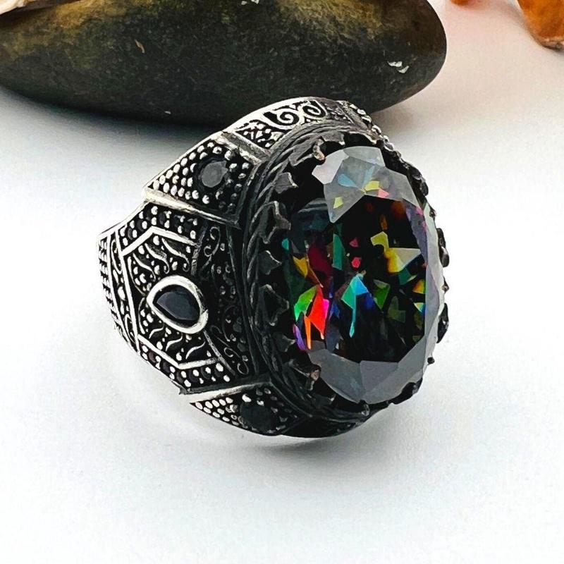 Men\'s Multicolor Mystic Topaz Stone Silver Ring