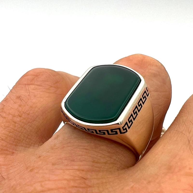 Men\'s Yemeni Aqeeq Stone Green Agate 925 Sterling Silver Ring