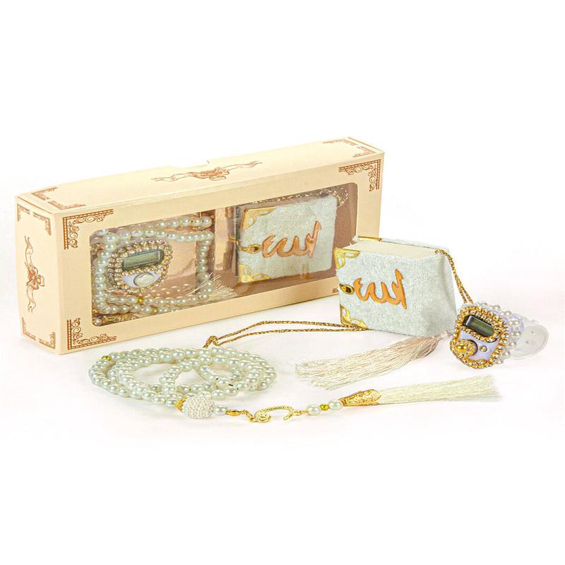 Mini Velvet Quarn, Crystal Stone Prayer Bead and Stone Designed Dhikrmatic Gift Set.- White