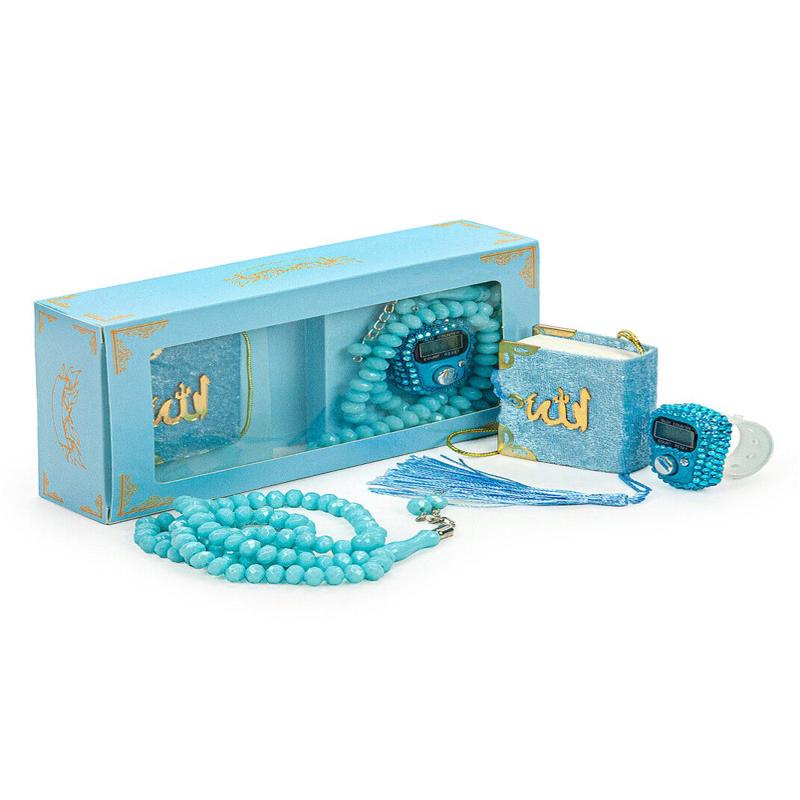 Hajj Umrah Gift Set with Mini Quran, Crystal Stone Prayer Bead and Stone Designed Dhikrmatic, Blue Color