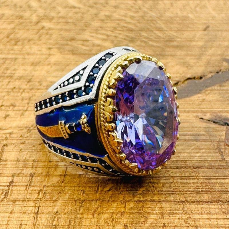 Handcrafted Ottoman 925 Sterling Silver Men\’s Amethyst Oval Ring – Turkish Artisan Jewelry