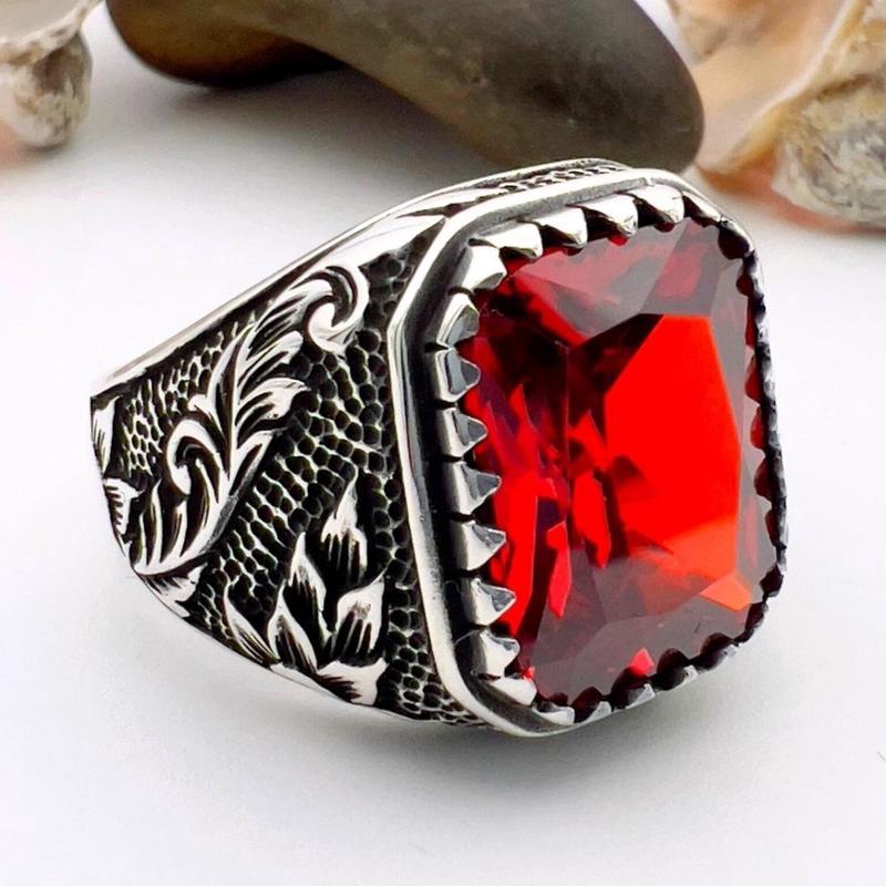 Men\’s Red Ruby Squared Stone Silver Ring