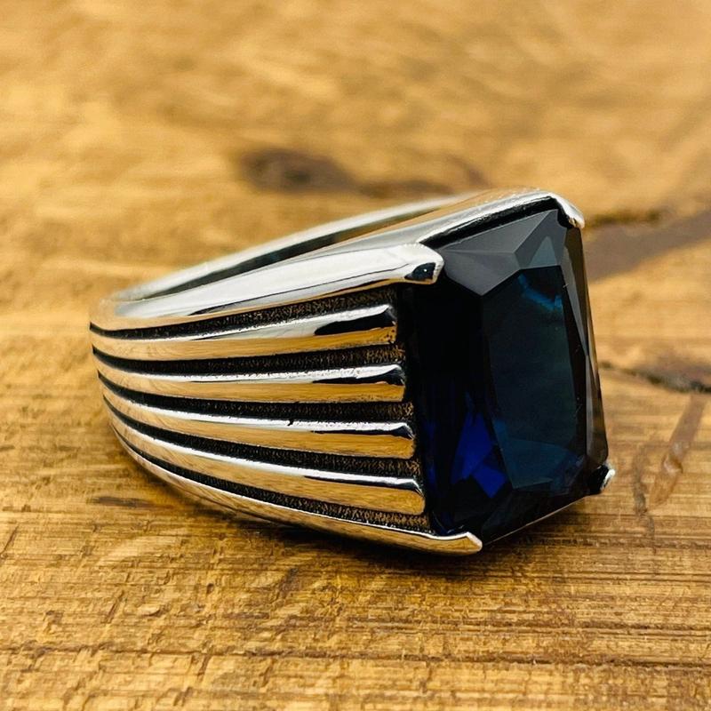 Men\’s Blue Sapphire Stone Silver Ring