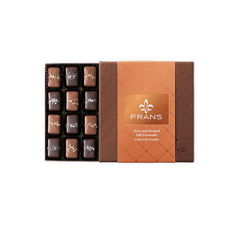Gray & Smoked Caramels In Chocolate Classic Bronze Box, 20 pcs