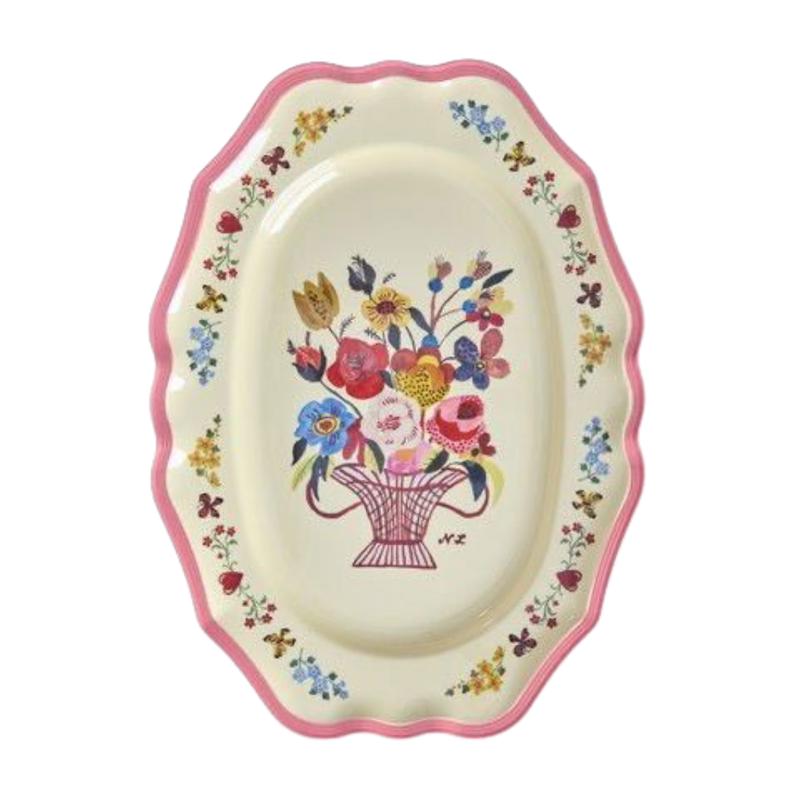 Melamine Vintage Serving Dish with Nathlie Lt Print - Neon Pink - Large