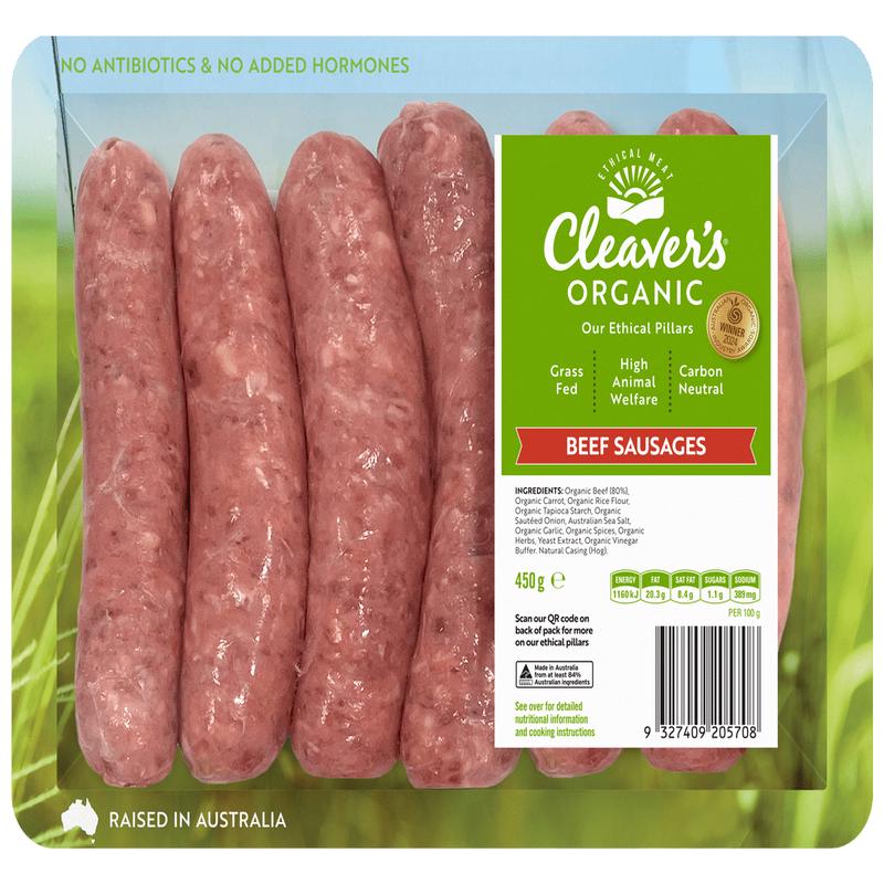 Cleaver\'s Organic Beef Sausages 450g (6 per pack)