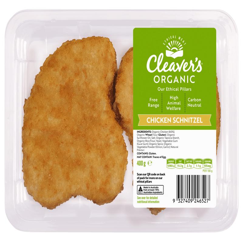 Cleaver\'s Organic Chicken Schnitzel 400g (4 per pack) (contains Gluten)